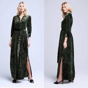 L'AGENCE Cameron Velvet Maxi Shirt Dress Green V-Neck 3/4 Sleeve‎ Collar Size M